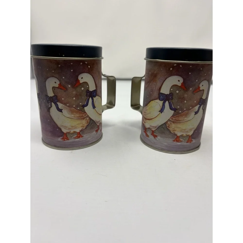 Vtg J.S.N.Y. Salt & Pepper Shakers Tin Metal Winter Ducks Geese Blue Bows Snow